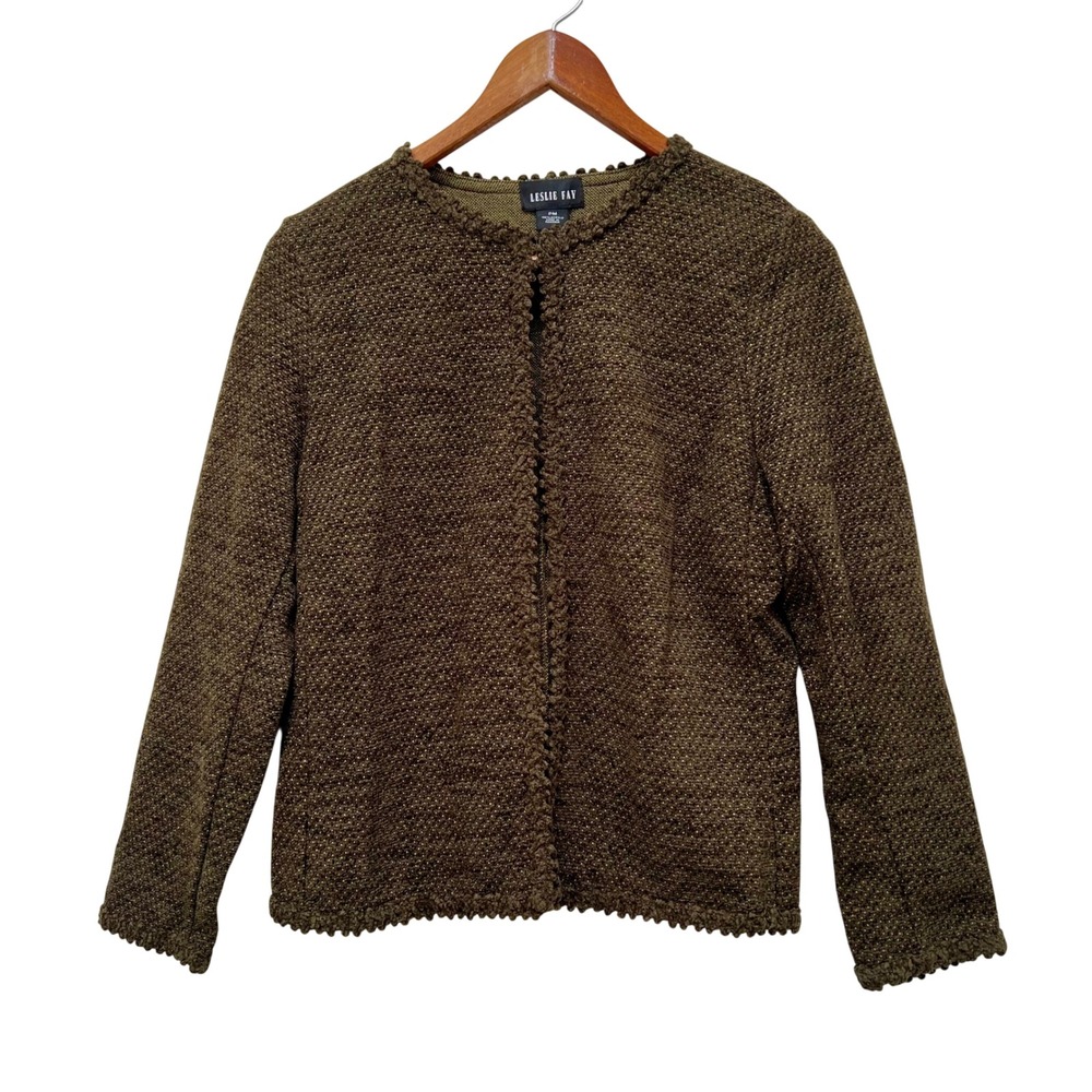 Leslie Fay VTG Olive Green Metallic Knit Cardigan Scallop Trim PM Dark Academia